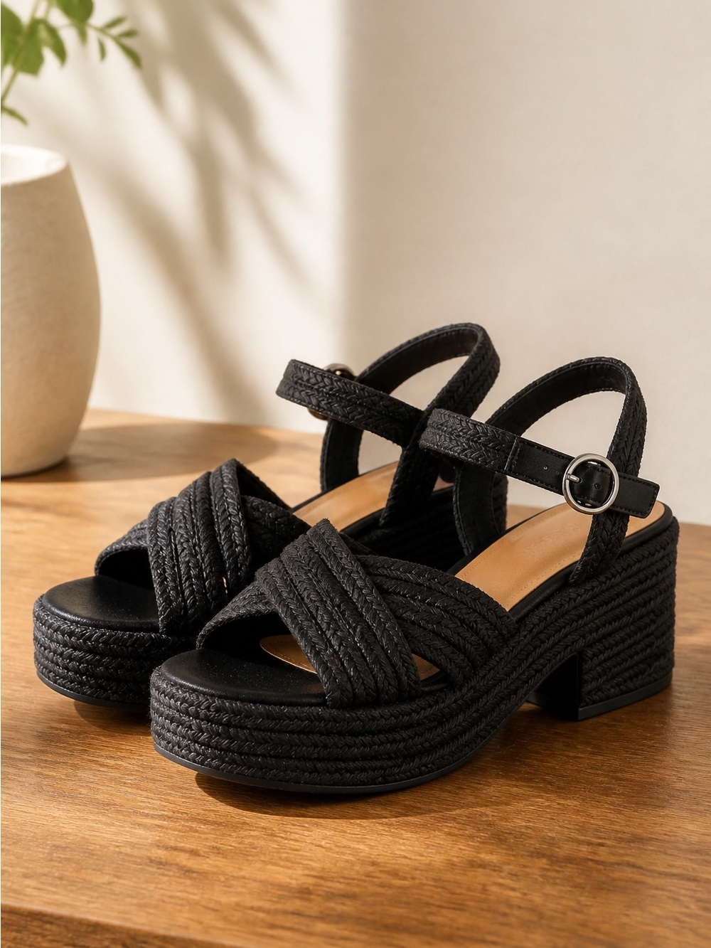 Black Rafia Platform Sandals - Picture 2 of 6